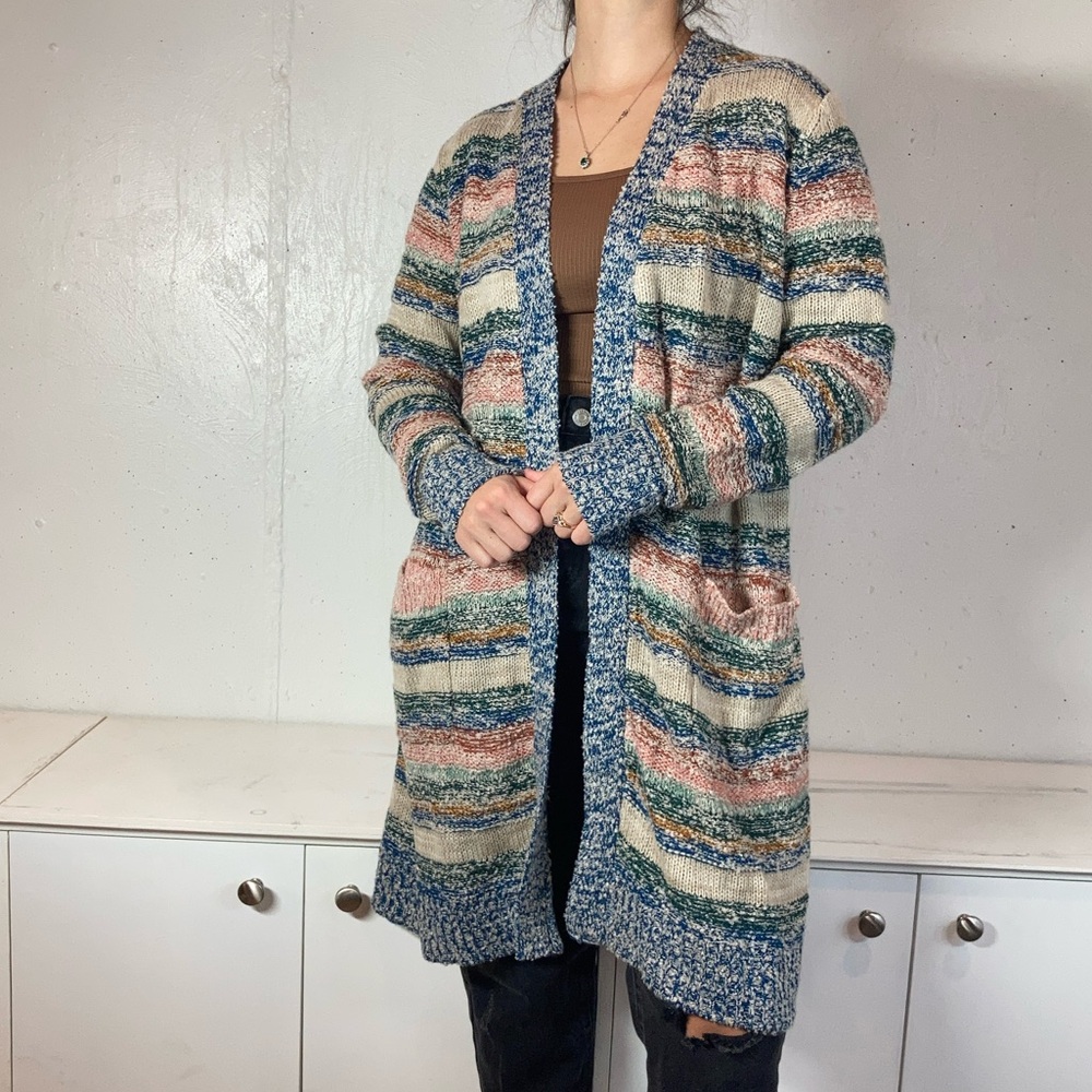 Knit Boho Striped Rag Rug Longline Cardigan Duster - Picture 6 of 9